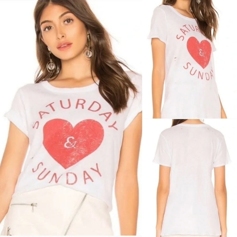 New Chaser Saturday & Sunday Heart Graphic Short Sleeve White Distressed Tee NWT